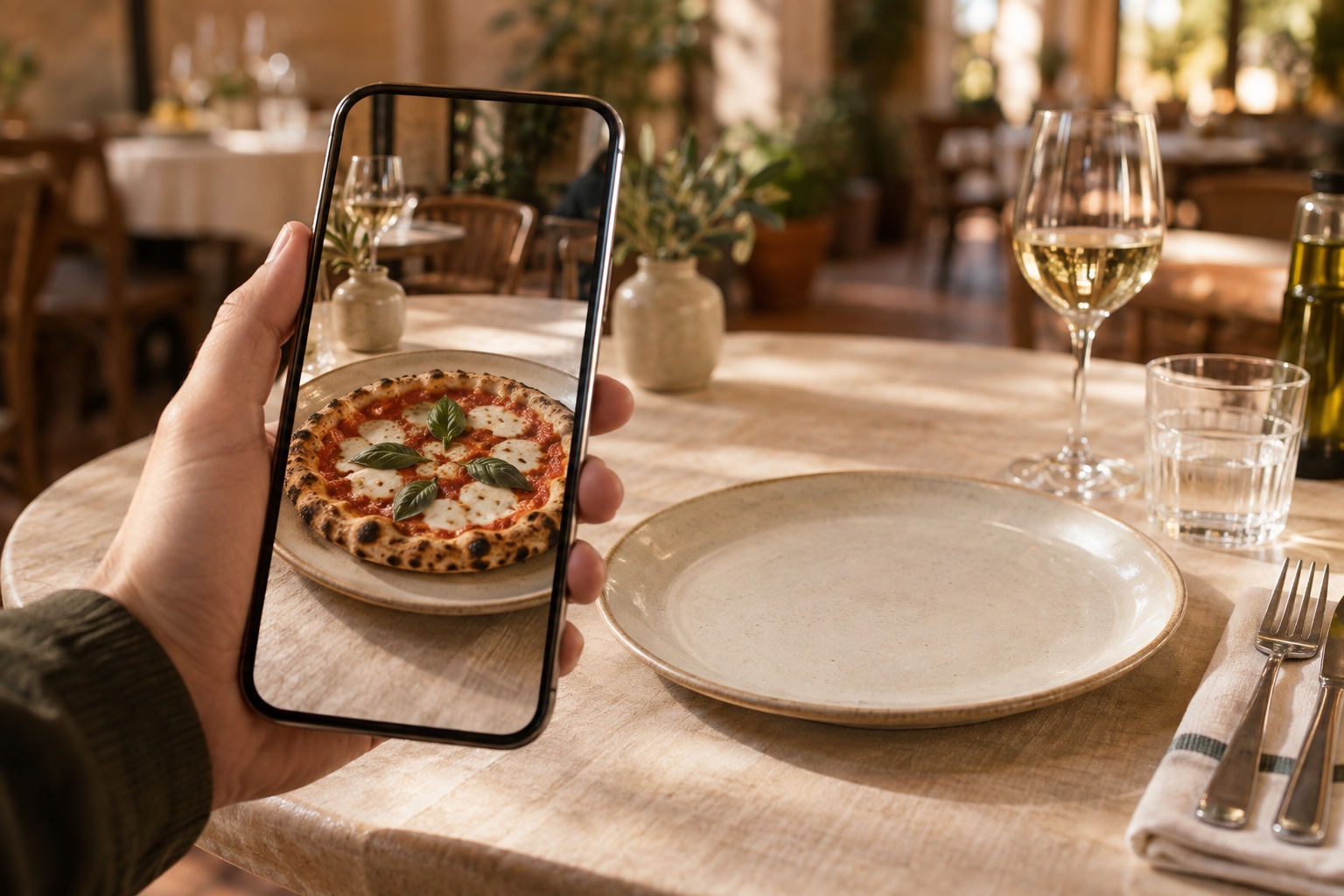 Representação de uma pessoa vendo uma pizza em realidade aumentada pelo celular, sobre uma mesa de restaurante